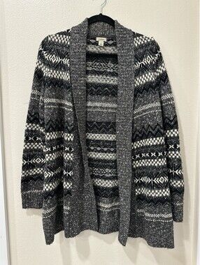L.L.Bean Fair Isle Open Front Shawl Collar Cardigan Sweater Gray S Cotton Blend